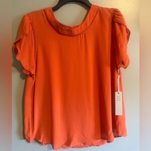 Iris Vibrant Orange Button Up back Blouse Ruffle sleeve size large NWT